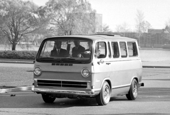 1966 GM Electrovan, the first hydrogen fuel cell vehicle, displayed at the Petersen Automotive Museum, showcasing its innovative design and history