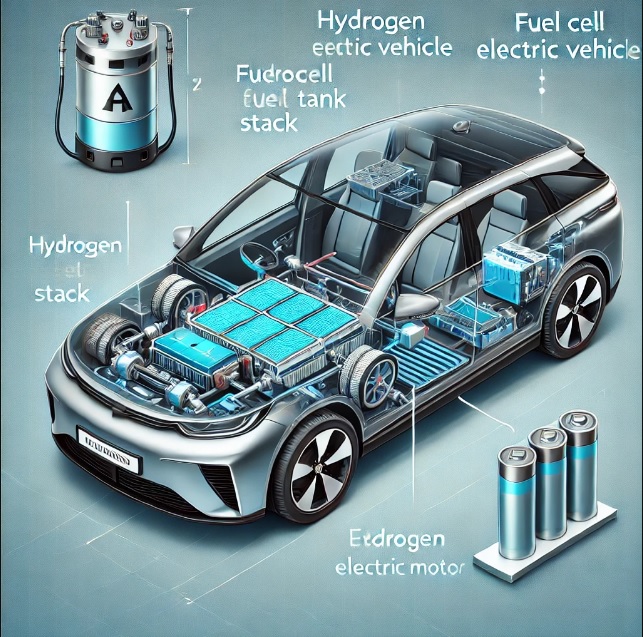 A detailed digital illustration of a fuel cell electric vehicle (FCEV) with labeled components, including the hydrogen fuel tank, fuel cell stack, electric motor, and battery pack. Arrows indicate the flow of hydrogen and electricity within the system.