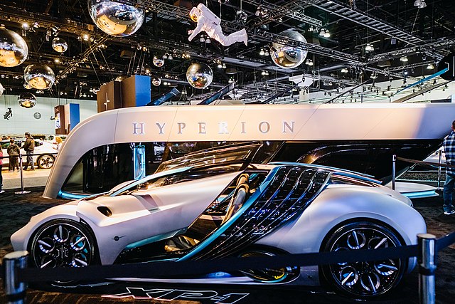 Hyperion XP-1 hydrogen-powered supercar showcasing futuristic design, carbon-titanium chassis, and solar panel integration